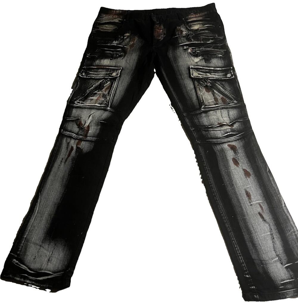 Rockstar Men’s Size 36 Black Moto Biker Jeans Multi Zip Cargo Slim Distressed